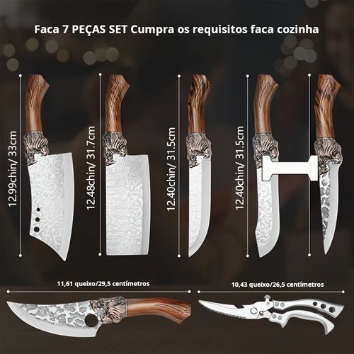 Conjunto de facas de cozinha em aço inoxidável feito à mão com 7 peças, faca de chef, faca de corte, faca de talho, tesoura de cozinha, faca de corte de pato e peixe, um conjunto multiusos