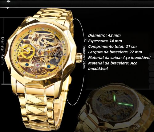 Novo relógio mecânico automático masculino casual à prova de água com strass vazado