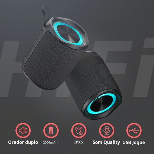 Coluna de som portátil sem fios Cyboris M5 40W BT5.3, estéreo, emparelhamento TWS, LED, chamada, rádio, à prova de água, cartão TF, USB, AUX