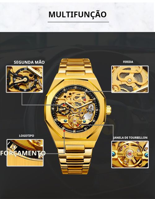 Novo relógio mecânico automático masculino casual à prova de água com strass vazado