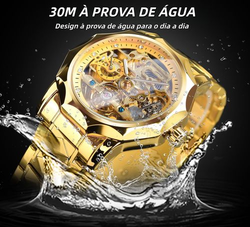 Novo relógio mecânico automático masculino casual à prova de água com strass vazado