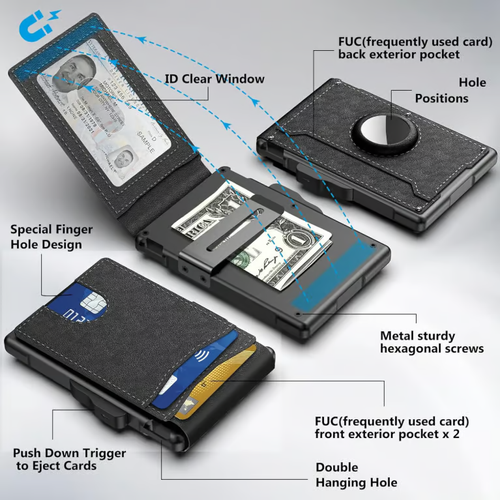 🔥Wallet for Men - with Pop Up Aluminum Case Money Clip Slim Leather Slots Credit Card Holder RFID Blocking Bifold Minimalist Wallet