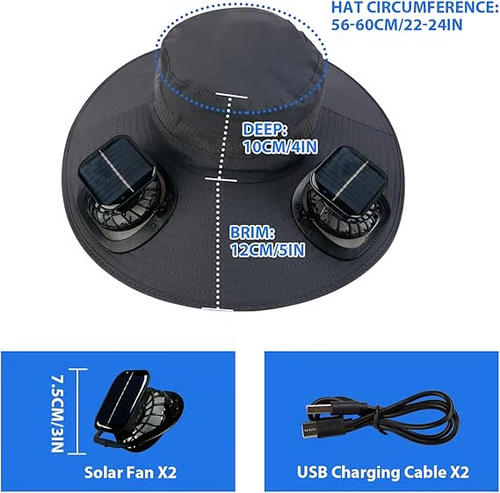 Wide Brim Solar Fan Outdoor Fishing Hat-Solar & USB Charging