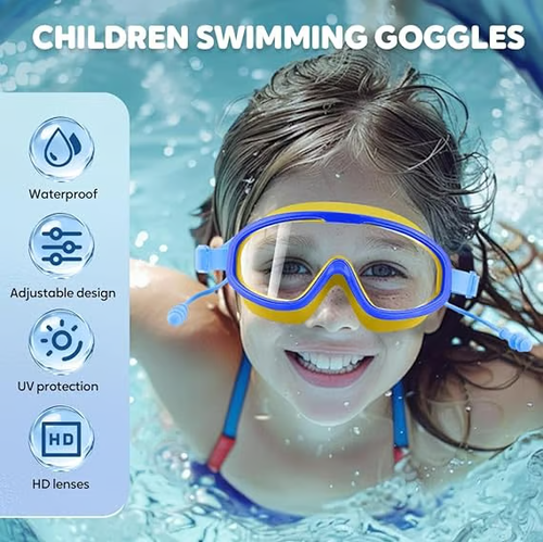 🔥HD children's large frame waterproof and anti-fog swimming goggles
