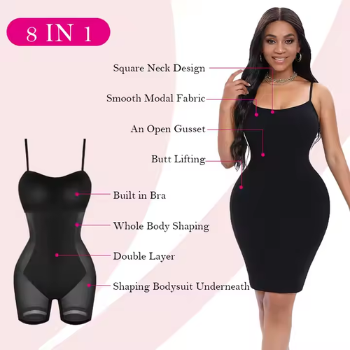 Women's Tummy Control Mesh Shaper Dress Tights Built-in Shaper Bra 8 in 1, Midi Long
