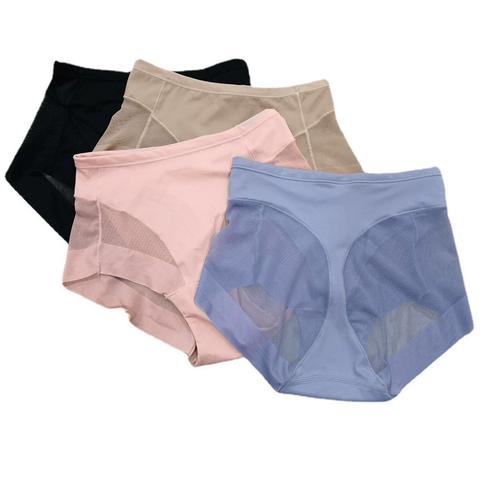 Mid-waist women's transparent mesh briefs, waist and abdomen comfortable ice silk women's underwear large size, buy 1 get 3 free