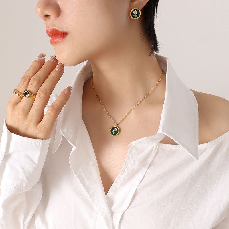 Women's Vintage Oil Drop Flower Pattern Titanium Steel Earrings Necklace Set