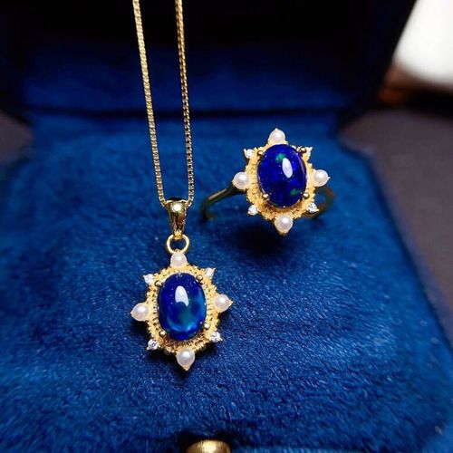 Silver Inlaid Blue Opal Ring Pendant Set
