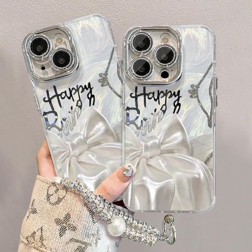 Mobile Phone Case for iPhone 16 Pro Max Silk Bow Lanyard Bracket with Mirror Frame Drop-resistant for iPhone 15 14 13 Pro Max