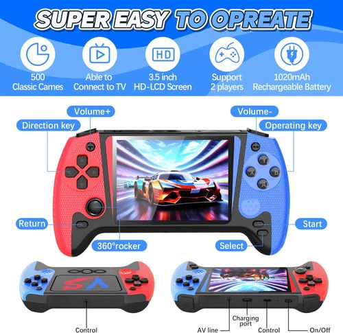 Handheld Game Console, Portable Video Game Console with 500 Retro Games, 3.5HD Screen, Rechargeable Battery, Support 2 Players and Hook Up to TV