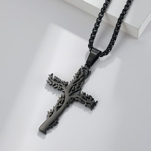 Cross-border Amazon European And American Style Stainless Steel Lucky Tree Cross Necklace Male And Female Personality Wear Titanium Steel Pendant