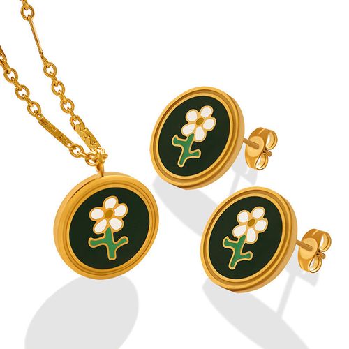 Women's Vintage Oil Drop Flower Pattern Titanium Steel Earrings Necklace Set