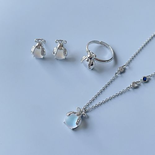 Glowworm Moonstone Necklace Earrings Ring