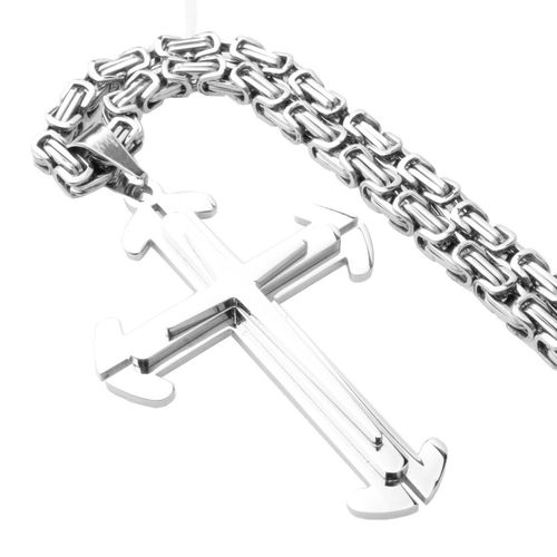 Men's Ladies Steel Color Multilayer Check Cross Titanium Steel Pendant Necklace