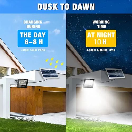Solar Outdoor Remote Control Flood Light 6000K Bright White Light IP 54 Waterproof Solar Security Light Auto On Off Dusk to Dawn Suitable for patio, gazebo, shed, barn.
