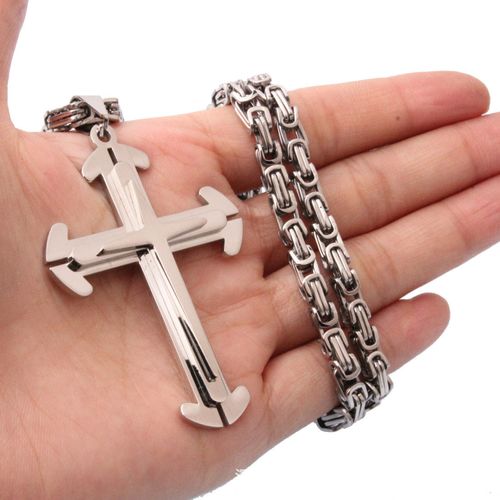 Men's Ladies Steel Color Multilayer Check Cross Titanium Steel Pendant Necklace