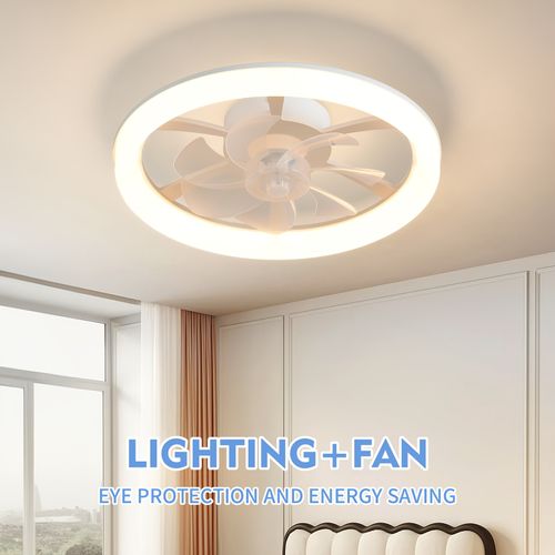 1pc Ceiling Fans with Lights, 44.5cm 17.51inch LED Fan light kit, Flush Mount Ceiling Fan with Remote, white Low Profile Ceiling Fan with 6 Wind Speeds, Smart Dimmable for Suitable for living room, bedroom, attic, kitchen, laundry room, dining room