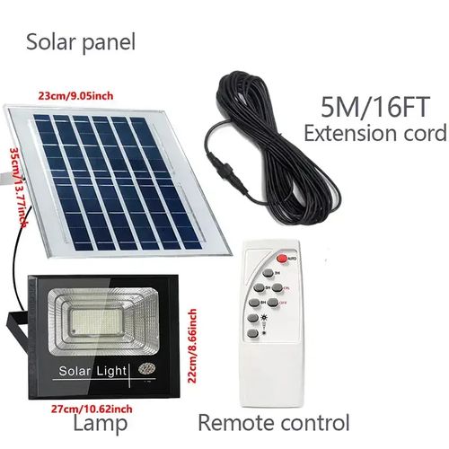 Solar Outdoor Remote Control Flood Light 6000K Bright White Light IP 54 Waterproof Solar Security Light Auto On Off Dusk to Dawn Suitable for patio, gazebo, shed, barn.