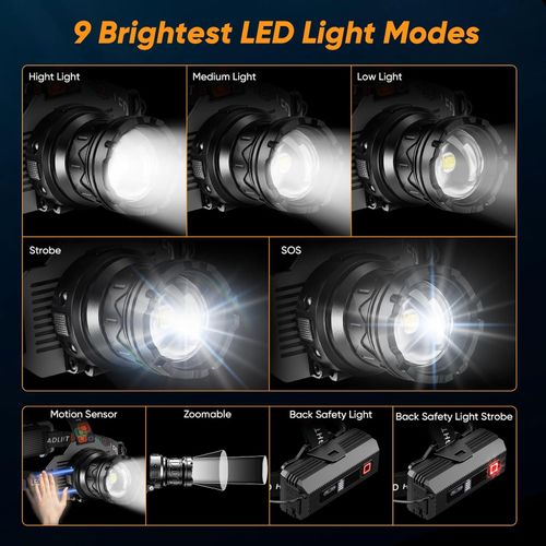 Rechargeable Headlamp 4000 LM, Motion Sensor LED Head Lamp with 9 Modes, Zoomable Super Bright Headlamp for Adults 90° Adjustable, IPX7 Waterproof High Power Headlamps for Fishing Camping