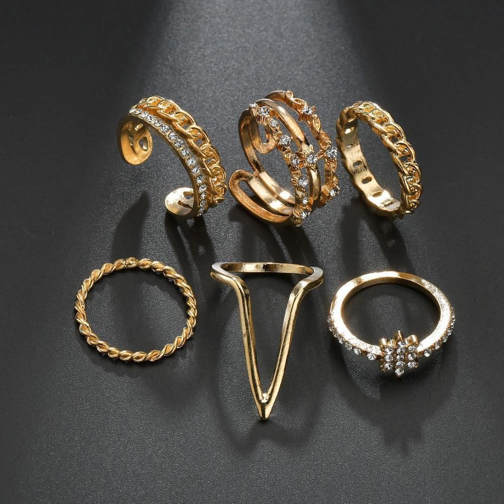 Retro geometric diamond hexagram ring set