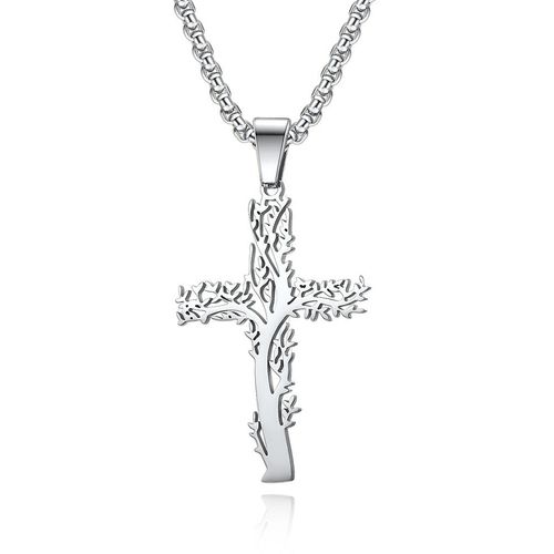 Cross-border Amazon European And American Style Stainless Steel Lucky Tree Cross Necklace Male And Female Personality Wear Titanium Steel Pendant