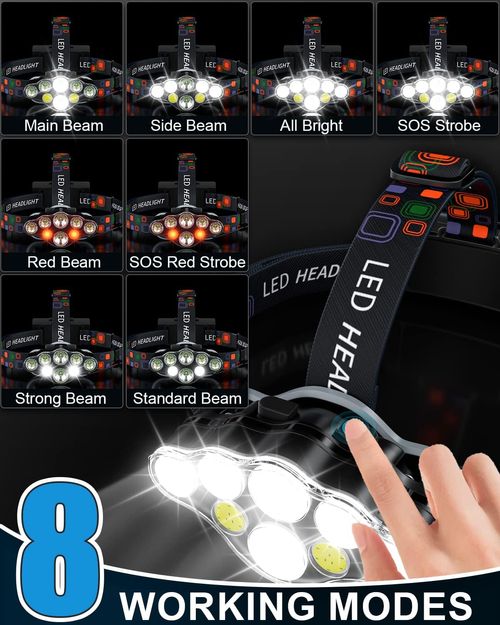 Rechargeable Headlamp, 8 LED 18000 High Lumen Bright Headlamp with Red Light, IPX4 Waterproof USB Headlight, Head Lamp, 8 Modes for Outdoor Running Hunting Hiking Camping Gear