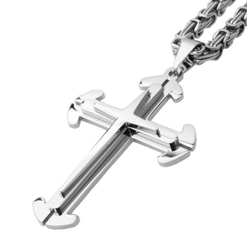 Men's Ladies Steel Color Multilayer Check Cross Titanium Steel Pendant Necklace