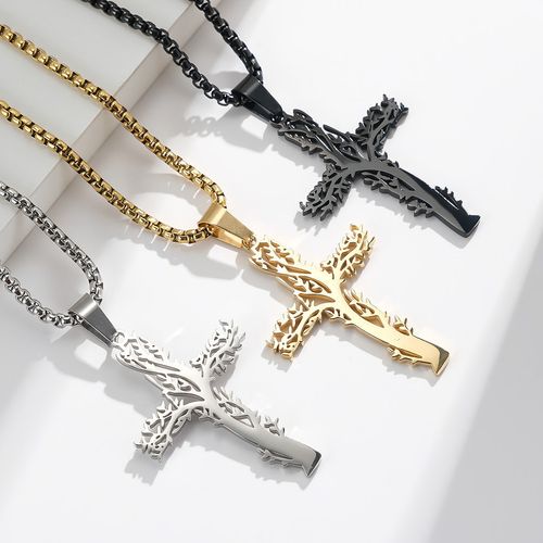 Cross-border Amazon European And American Style Stainless Steel Lucky Tree Cross Necklace Male And Female Personality Wear Titanium Steel Pendant