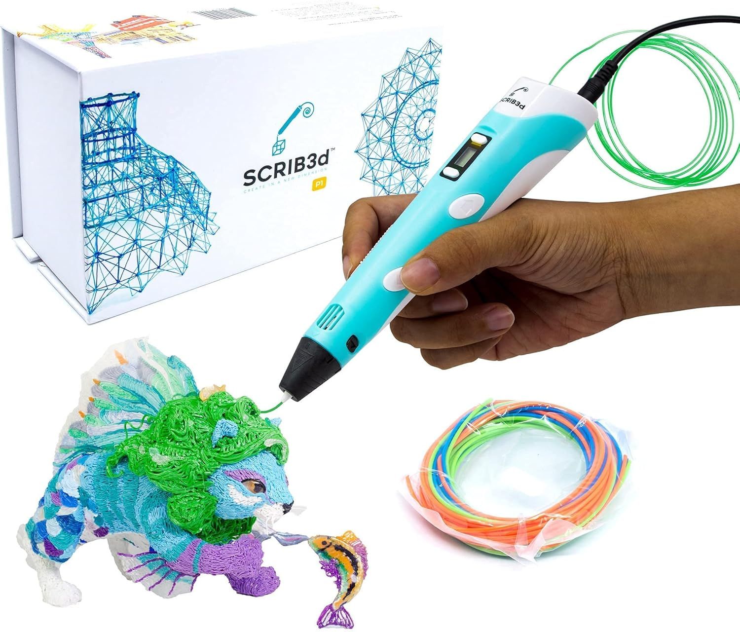 SCRIB3D P1 Smart 3D Printing Pen – Safe PLA Filament, LCD Control, Starter Kit for Creative Drawing & DIY Crafts
