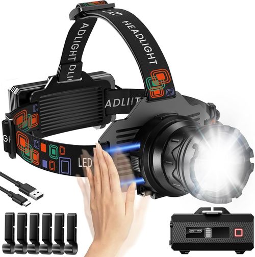 Rechargeable Headlamp 4000 LM, Motion Sensor LED Head Lamp with 9 Modes, Zoomable Super Bright Headlamp for Adults 90° Adjustable, IPX7 Waterproof High Power Headlamps for Fishing Camping
