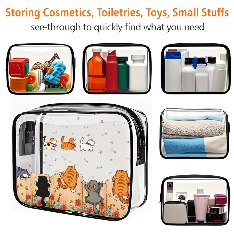 女士與女孩可愛貓咪主題大容量拉鍊收納袋 PVC旅行化妝品及洗漱用品整理包 輕便易清潔 透明化妝盒帶虎斑貓與爪印設計 耐用且寬敞 適合旅行 學校 工作 寵物愛好者禮物 可折疊且防褪色 可濕巾清潔 時尚實用 日常或旅行使用的整理包