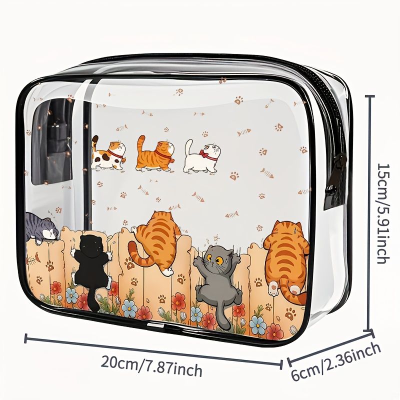 女士與女孩可愛貓咪主題大容量拉鍊收納袋 PVC旅行化妝品及洗漱用品整理包 輕便易清潔 透明化妝盒帶虎斑貓與爪印設計 耐用且寬敞 適合旅行 學校 工作 寵物愛好者禮物 可折疊且防褪色 可濕巾清潔 時尚實用 日常或旅行使用的整理包