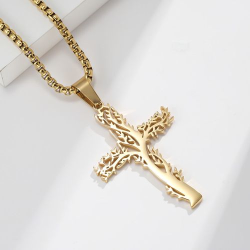 Cross-border Amazon European And American Style Stainless Steel Lucky Tree Cross Necklace Male And Female Personality Wear Titanium Steel Pendant
