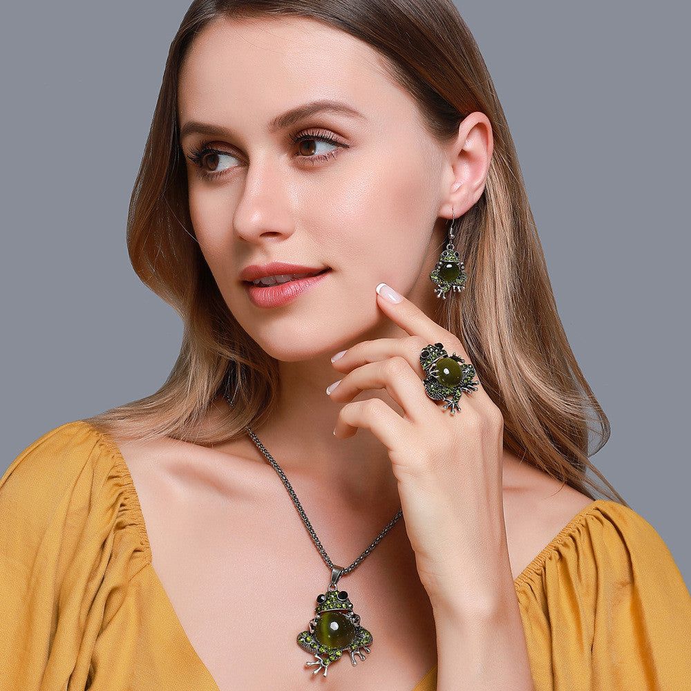 Opal Cute Frog Earrings Elastic Ring