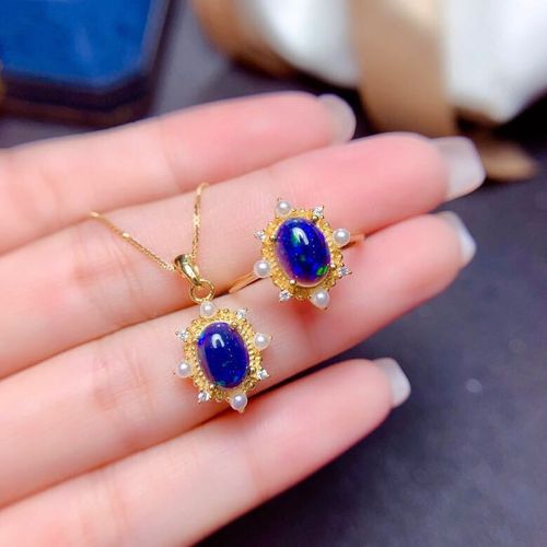Silver Inlaid Blue Opal Ring Pendant Set