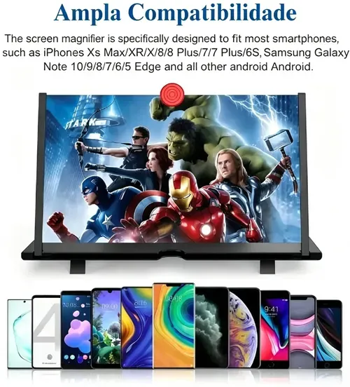 Lupa de 12 ecrãs, projetor de ampliação para telemóvel HD 3D, ampliação de ecrã para filmes, vídeos e jogos, suporte dobrável para telemóvel com amplificador de ecrã, suporta todos os smartphones