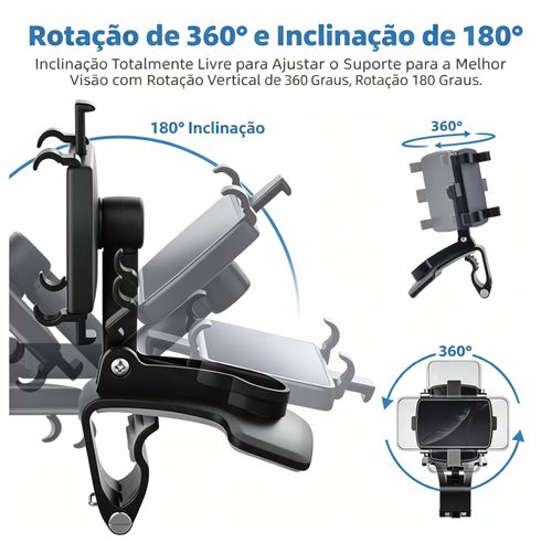 Suporte para telemóvel veicular com rotação de 360 ​​graus - Suporte multifunções com clipe para operação com uma só mão, compatível com telemóveis de 4 a 6,5 ​​polegadas - Acessórios para automóveis