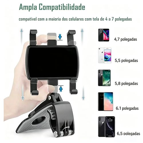 Suporte para telemóvel veicular com rotação de 360 ​​graus - Suporte multifunções com clipe para operação com uma só mão, compatível com telemóveis de 4 a 6,5 ​​polegadas - Acessórios para automóveis