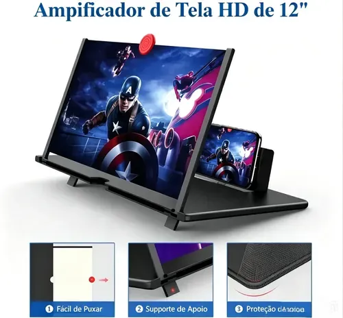 Lupa de 12 ecrãs, projetor de ampliação para telemóvel HD 3D, ampliação de ecrã para filmes, vídeos e jogos, suporte dobrável para telemóvel com amplificador de ecrã, suporta todos os smartphones