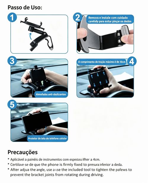 Suporte para telemóvel veicular com rotação de 360 ​​graus - Suporte multifunções com clipe para operação com uma só mão, compatível com telemóveis de 4 a 6,5 ​​polegadas - Acessórios para automóveis