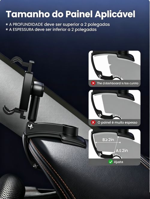 Suporte para telemóvel veicular com rotação de 360 ​​graus - Suporte multifunções com clipe para operação com uma só mão, compatível com telemóveis de 4 a 6,5 ​​polegadas - Acessórios para automóveis