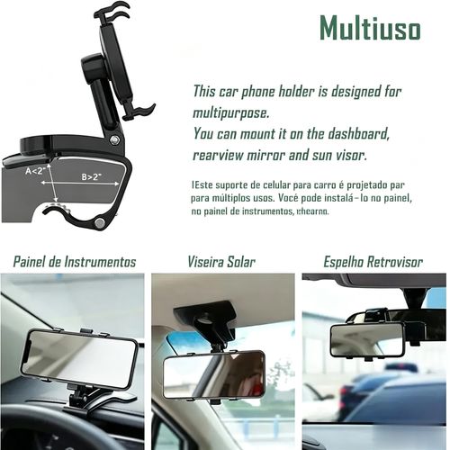 Suporte para telemóvel veicular com rotação de 360 ​​graus - Suporte multifunções com clipe para operação com uma só mão, compatível com telemóveis de 4 a 6,5 ​​polegadas - Acessórios para automóveis