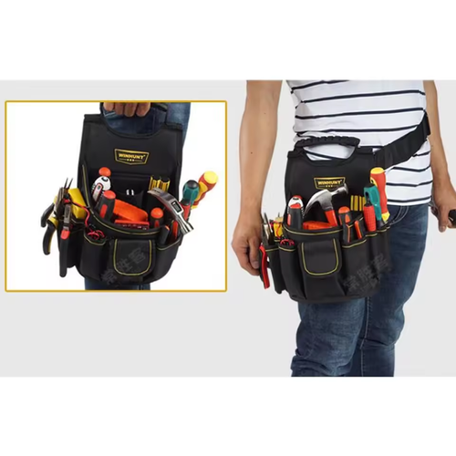 Heavy-duty mechanical electrician tool bag with pockets and waist bag to carry drills, electrician and other tools