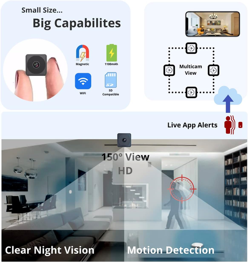 Mini Camera Night Vision Portable HD Home Security Cameras for Home Office Indoor Outdoor