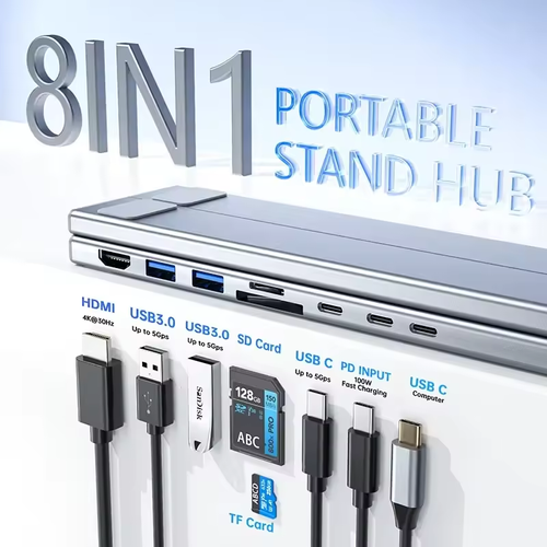 8-port docking station, foldable, adjustable, single X-bar laptop stand