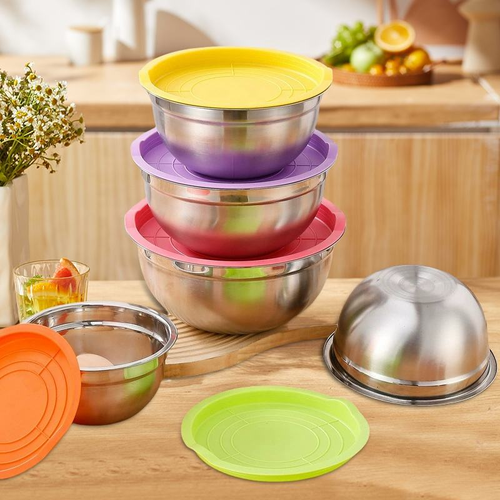 Hot-selling 7-piece colorful nested storage bowl, salad bowl, stainless steel mixing bowl with silicone lid