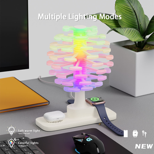 Creative spiral tree-shaped night light wireless charger, 360-degree rotation, supports smart fast charging.