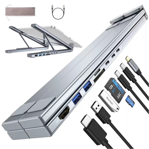8-port docking station, foldable, adjustable, single X-bar laptop stand
