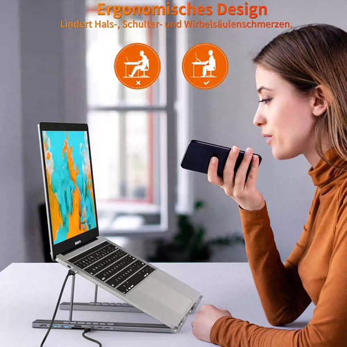 8-port docking station, foldable, adjustable, single X-bar laptop stand