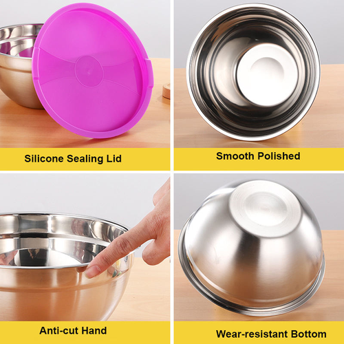 Hot-selling 7-piece colorful nested storage bowl, salad bowl, stainless steel mixing bowl with silicone lid